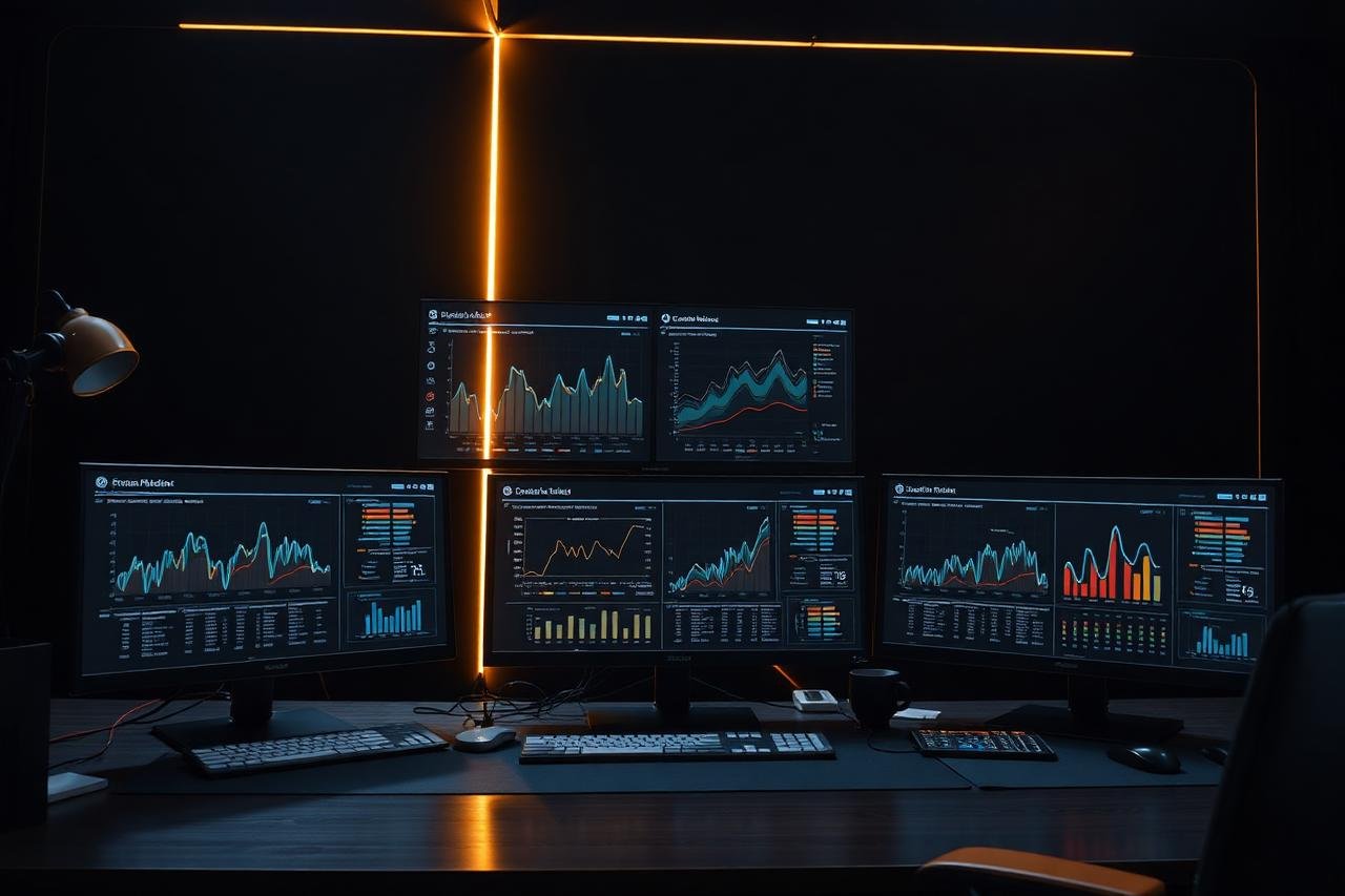 Digital marketing campaign dashboards glowing on screens in a dark studio