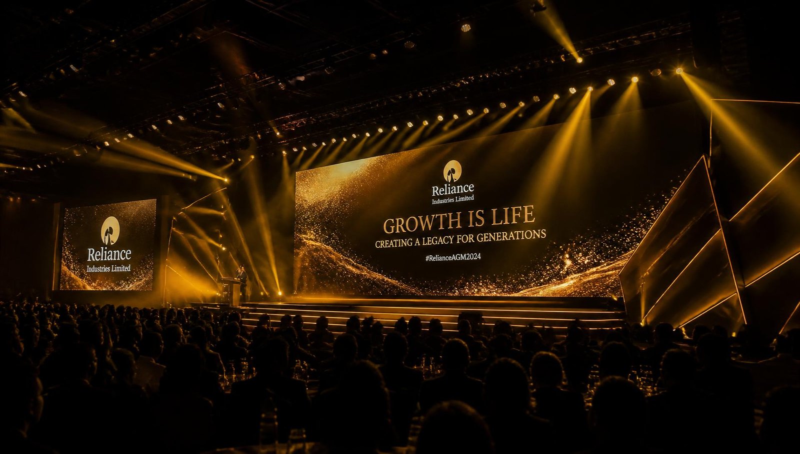 Gold-lit corporate event stage with LED screens and an audience, produced by Outdoor Media