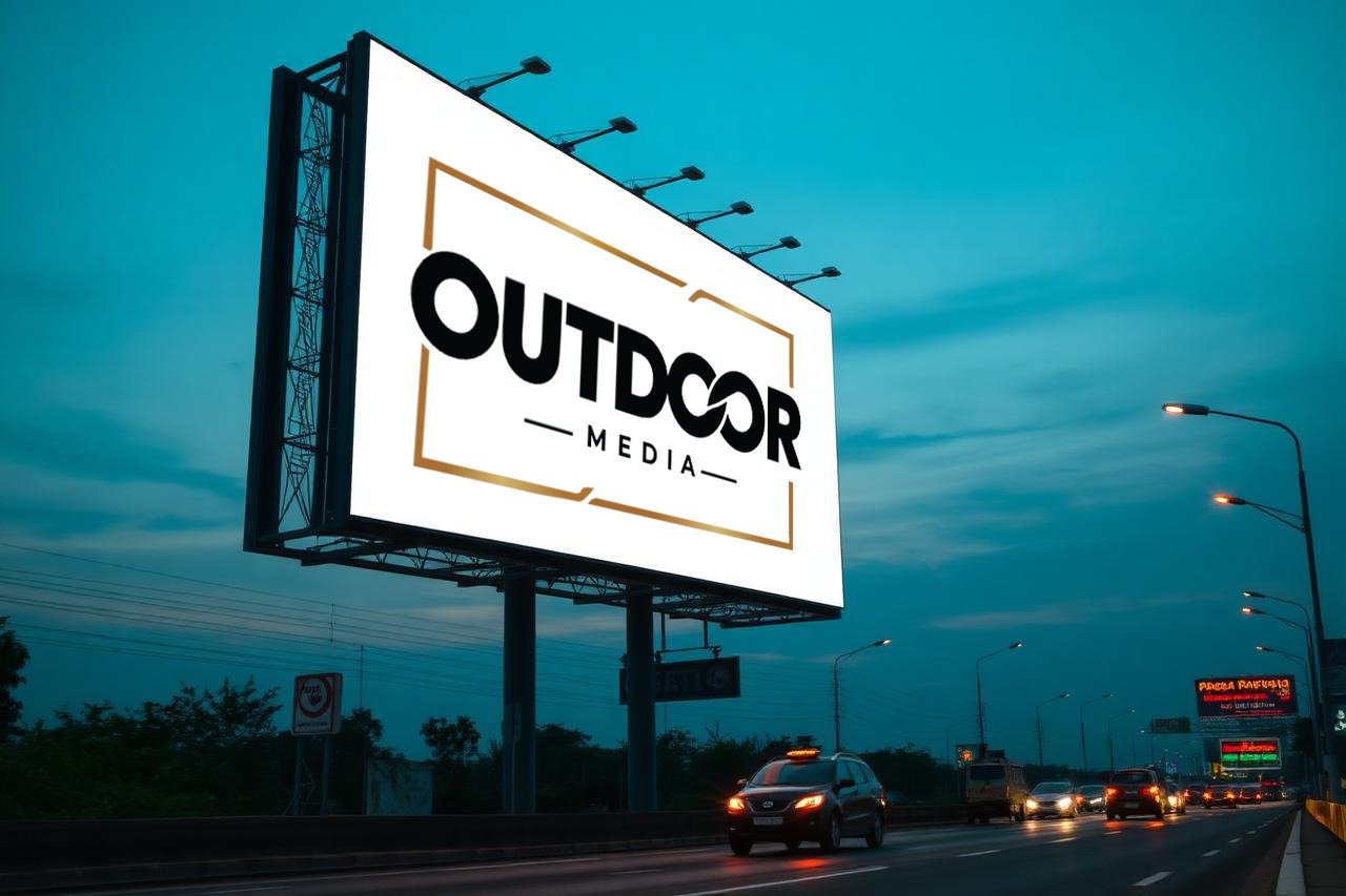 Large illuminated Outdoor Media hoarding on a highway billboard structure at dusk