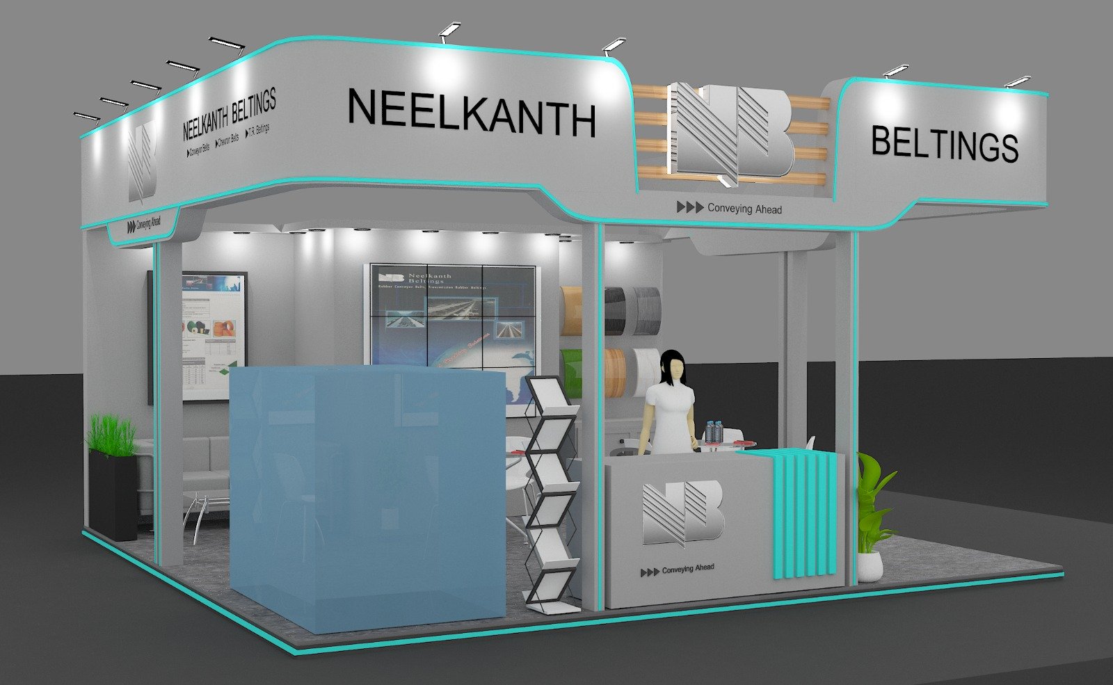 Premium fabricated exhibition stall with backlit signage in a dark trade show hall